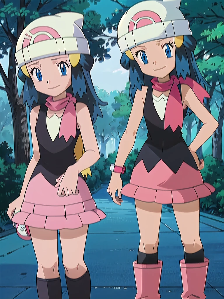masterpiece, best quality, 1girl, dawn \(pokemon\), beanie, long hair, blue hair, blue eyes, black sleeveless shirt, pink scarf, pink skirt, pink boots, smile, looking at viewer, forest background 