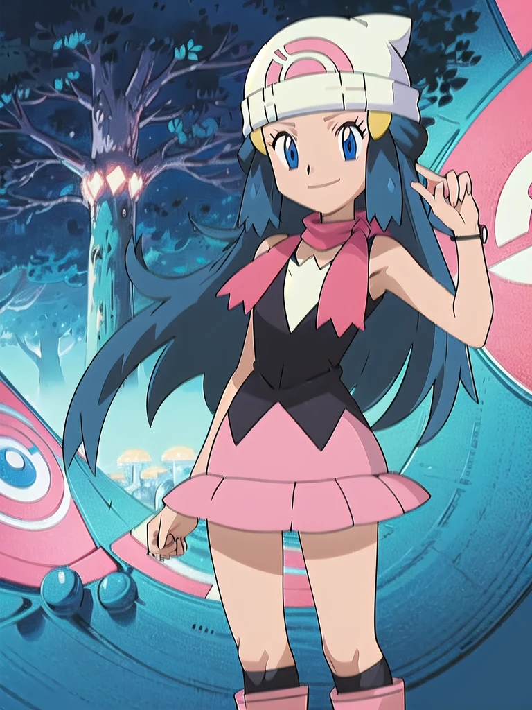 masterpiece, best quality, 1girl, dawn \(pokemon\), beanie, long hair, blue hair, blue eyes, black sleeveless shirt, pink scarf, pink skirt, pink boots, smile, looking at viewer, forest background 