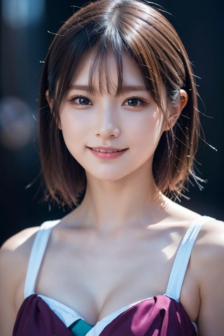 1 girl, (Wearing colorful stage costumes:1.2), Very beautiful Japanese idol portraits, Face close-up, (RAW Photos, highest quality), (Realistic, Realistic:1.4), (masterpiece), Very delicate and beautiful, Very detailed, 2k wallpaper, wonderful, finely, Very detailed CG Unity 8K wallpaper, Very detailed, High resolution, Soft Light, Beautiful detailed girl, Very detailed目と顔, Beautiful and sophisticated nose, Finely beautiful eyes, Cinema Lighting, (Simple light color background:1.3), (short hair), (Bob), Complete Anatomy, Slender body, Small breasts, smile