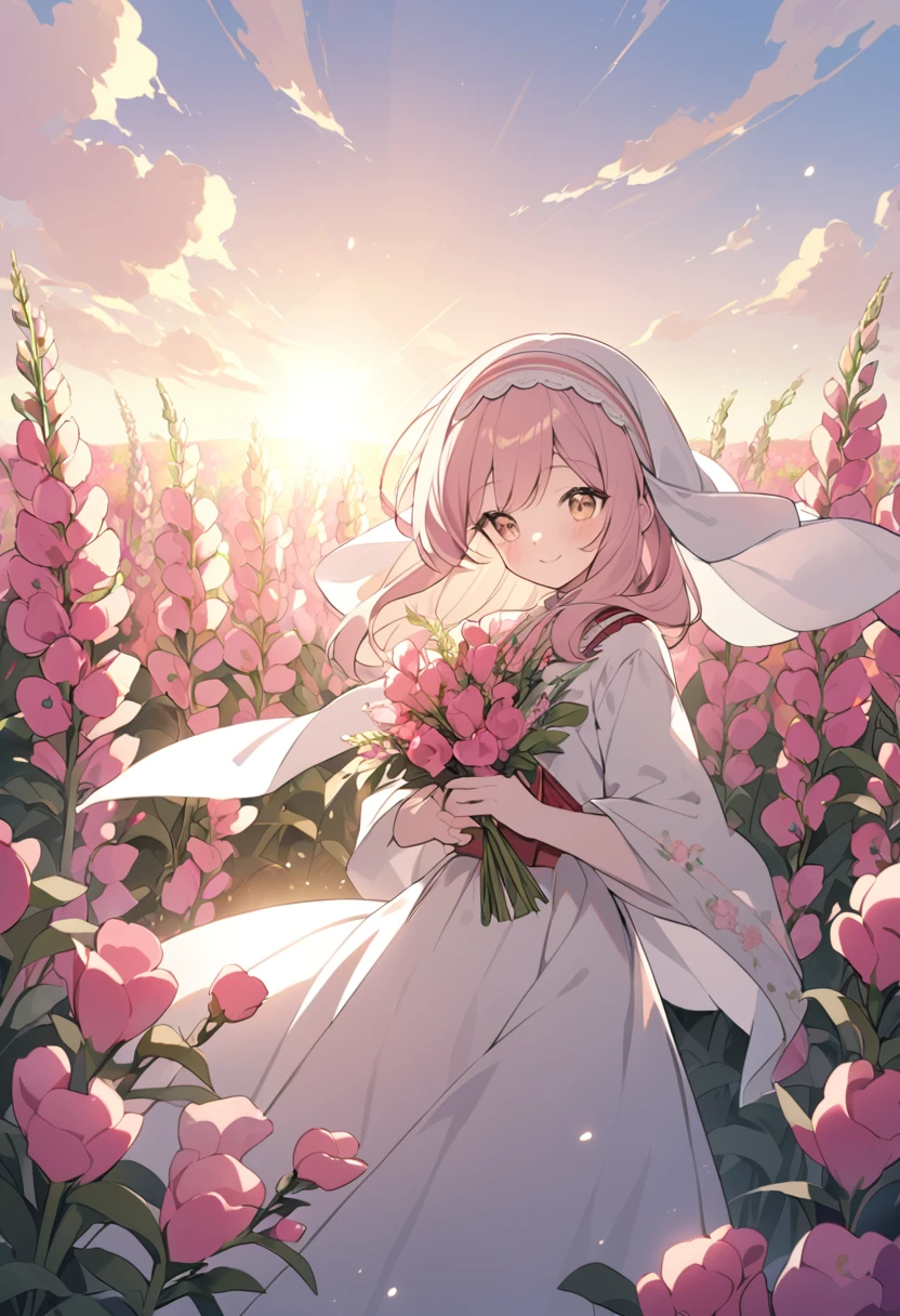 A woman in traditional clothes poses happily in a flower field of snapdragons. She has a headscarf on and her outfit is white and pink floral. The lighting is soft and golden as the sun begins to set.