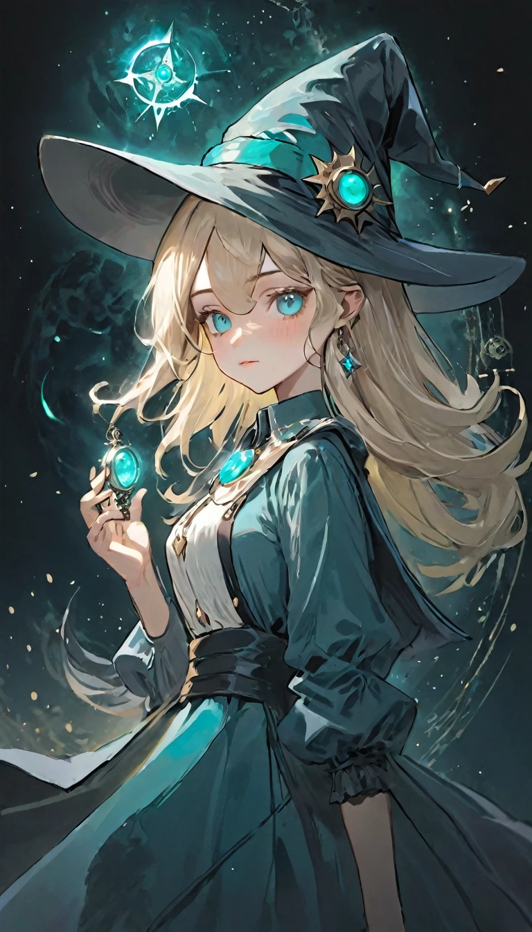 White shirt、Realistic textured skin、Ash Blonde、1 strand of hair、Side Tail、Turquoise Eyes、、Close-up of a woman in a dress and hat holding a watch, Beautiful Celestial Magician, portrait of a Female Wizard, Female Wizard, Mechanized Witch&#39;s Little Wizard!, Female Wizard, dark witch character, magician magic witch, Black-haired wizard, Dark Sorceress Full View, Astral Witch Outfit, Dark magician full body pose