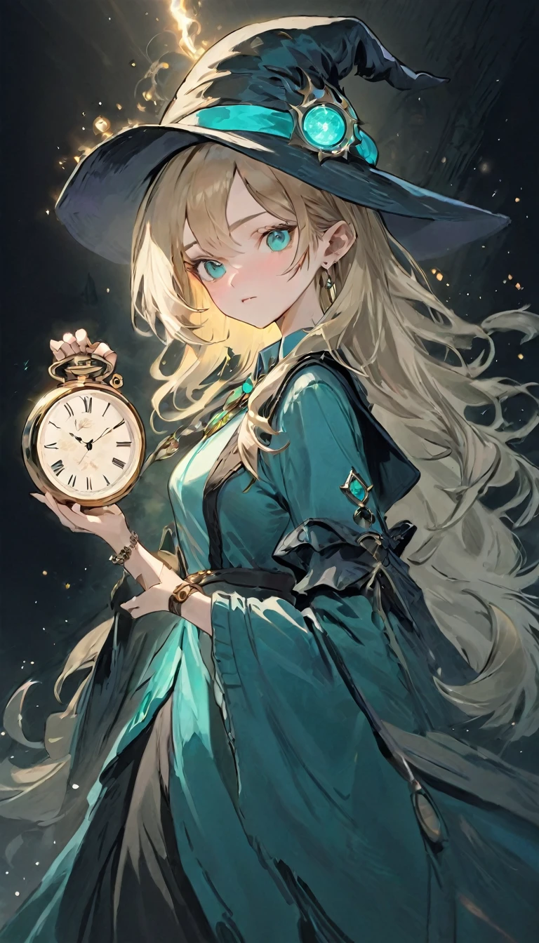 White shirt、Realistic textured skin、Ash Blonde、1 strand of hair、Side Tail、Turquoise Eyes、16 years old、Close-up of a woman in a dress and hat holding a watch, Beautiful Celestial Magician, portrait of a Female Wizard, Female Wizard, Mechanized Witch's Little Wizard!, Female Wizard, dark witch character, magician magic witch, Black-haired wizard, Dark Sorceress Full View, Astral Witch Outfit, Dark magician full body pose