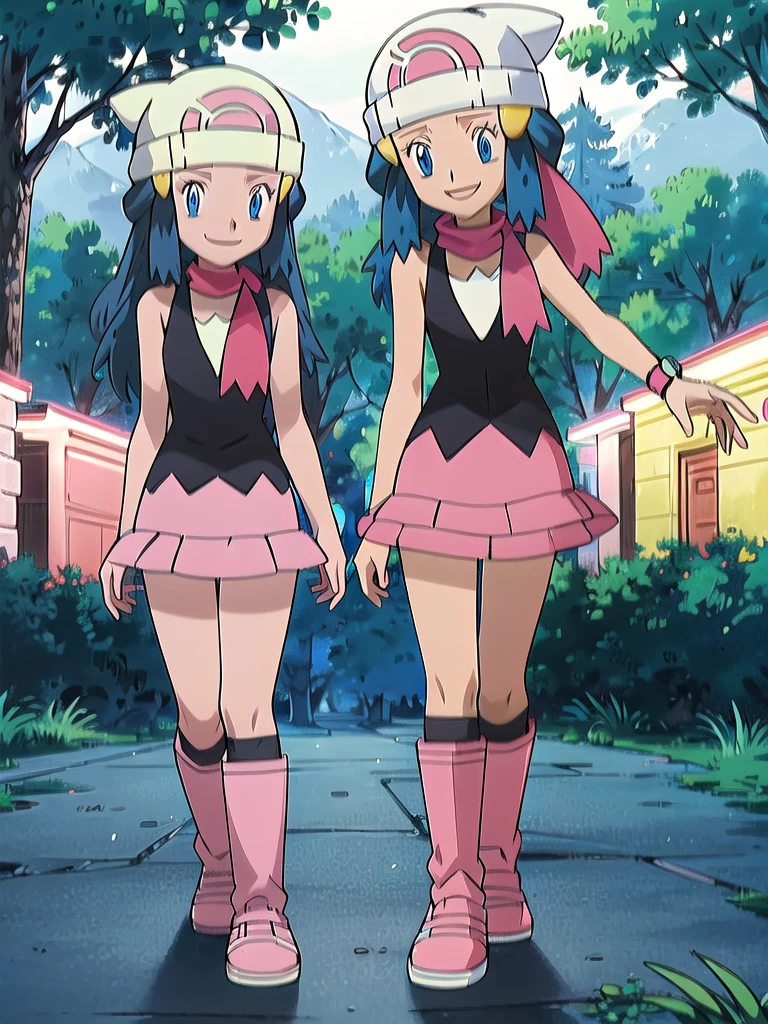 masterpiece, best quality, 1girl, dawn \(pokemon\), beanie, long hair, blue hair, blue eyes, black sleeveless shirt, pink scarf, pink skirt, pink boots, smile, looking at viewer, forest background
