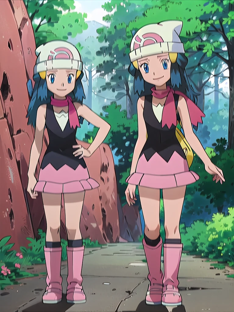 masterpiece, best quality, 1girl, dawn \(pokemon\), beanie, long hair, blue hair, blue eyes, black sleeveless shirt, pink scarf, pink skirt, pink boots, smile, looking at viewer, forest background