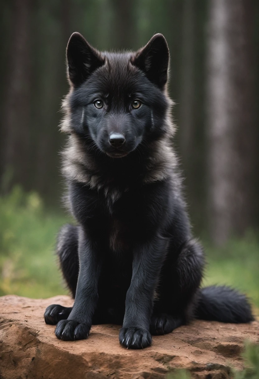 A cute little black wolf,Sitting there angry