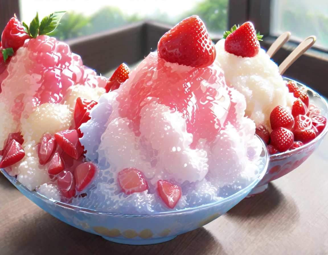 Shaved ice in a glass bowl、Strawberry Shaved Ice、Vanilla ice、Two little sisters stuff their mouths with wooden spoons