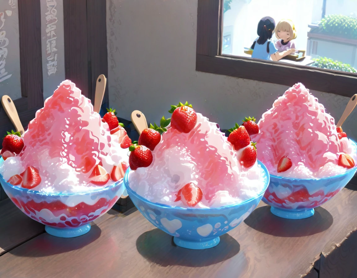 Shaved ice in a glass bowl、Strawberry Shaved Ice、Vanilla ice、Two  sisters stuff their mouths with wooden spoons