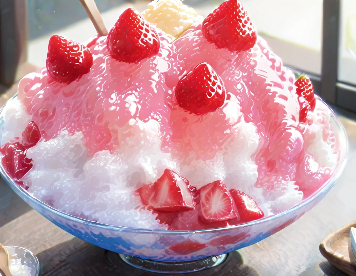 Shaved ice in a glass bowl、Strawberry Shaved Ice、Vanilla ice、Two  sisters stuff their mouths with wooden spoons