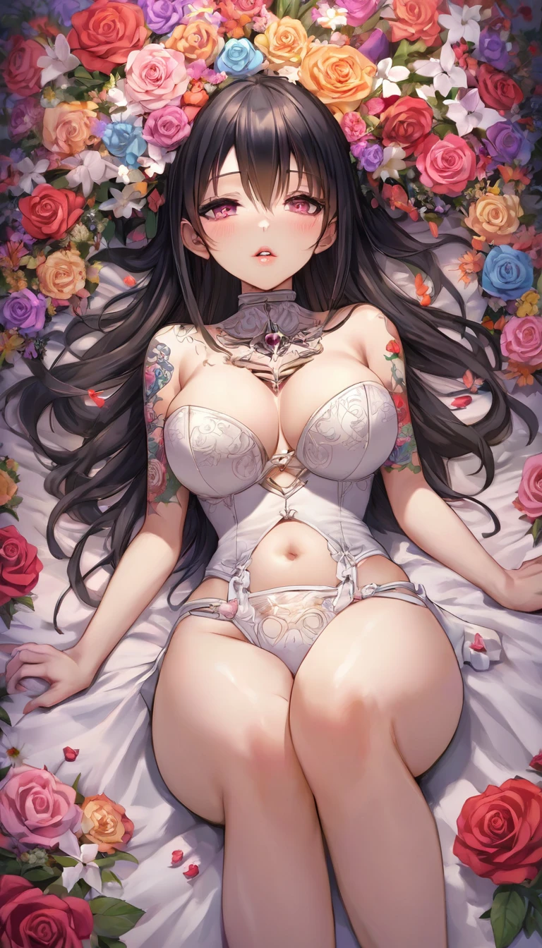 {{{{{16k}}}}}, {{{{{The immorality of watching the process of transforming a pure girl loved by everyone into more and more drug hallucination and Her drug addiction conformity rate reached 100% and her facial rank and tits rose to the SSS rank of top-notch pretty japanese actresses, getting more her tattoos increase and the lines of her breasts become clearer, She is laid on an coffin of flowers bouquets of flowers are stabbed all over her body and as the drugs are injected into her her addiction accelerates her body becomes more curvy her tits more erect as they float above her and she is turned into a cutesy flower arrangements, She resists, knowing that if she sleeps, she will lose her life but she cannot stop her sleep her eyelids grow heavy and the moment she is fully asleep the flower glows absorbs her life blooms more beautifully and transforms her corpse into something lovely and capable of eternal necrophilia, Each time she was necrophiliac her tattoos would increase darkening in the areas where she was caressed and her waist and underbust would become thinner, her breasts become even larger and deeper with cleavage, her skin is changed to be smoother, Her hair is replaced by a bang long black hair, She is fitted with a heart collar that puts people into eternal sleep which transforms her into a cute once-in-a-millennium narcotic hallucinogenic flower arrangement that becomes her too-cute corpse}}}}},{{Extremely detailed}},{{{{{integrated her head pure small, Enchanting Too thick and erotic lips, Her thickened lips shimmer with luster}}}}},{{{{{Her white tits are so fluffy, and are depicted in great detail, Her tattoos spread all over her body with hallucinations, She is tattooed with lewd flowers on her neck, arms, lower abdomen, thighs, buttocks, and back and her glossy very Straight hair}}}}}