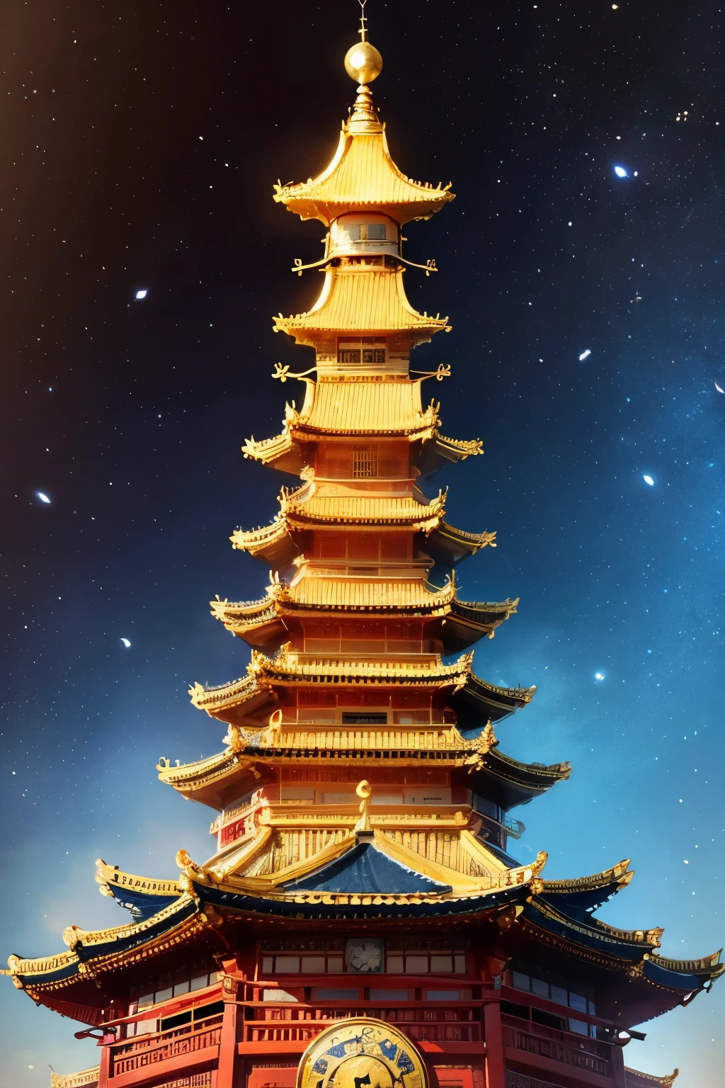 a close up of a golden tower with a clock in the background, ancien chinese tower, ancient silver tower of the moon, dharma artifacts, digital painting of a pagoda, golden sacred tree, ancient symbol behind it, fanart, by Shen Che-Tsai, an ancient, ne zha from smite, inspired by Yang Buzhi, inspired by Ma Shi