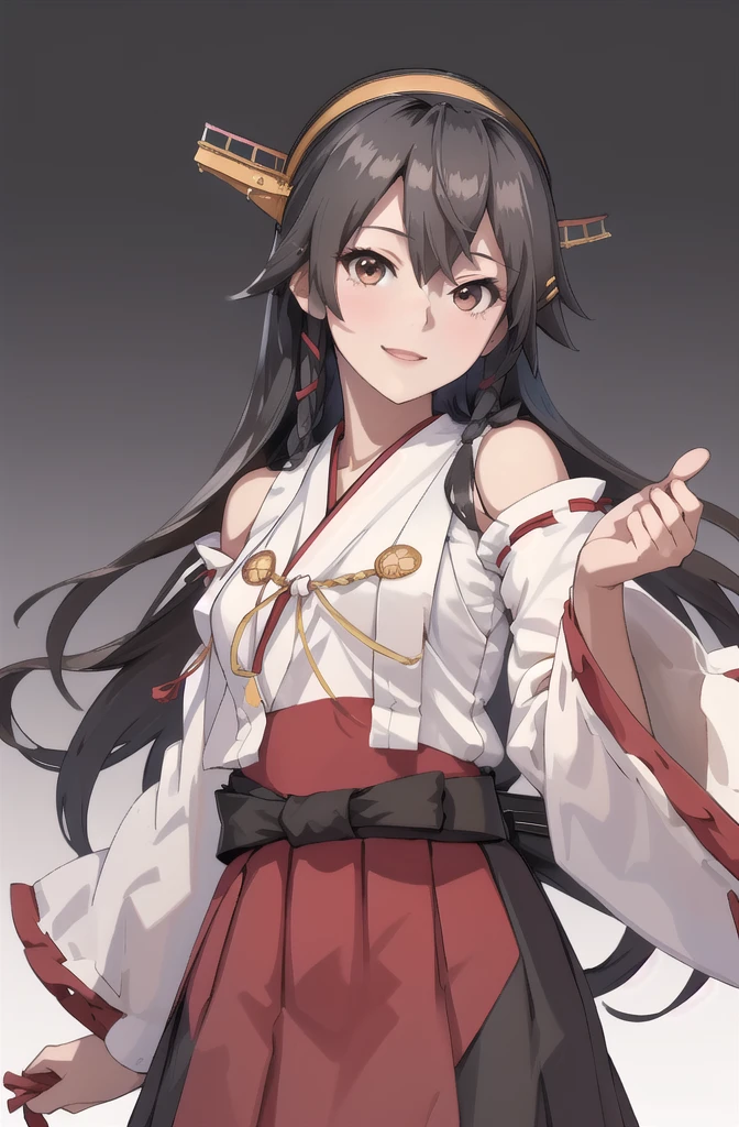 Highest quality, masterpiece, High resolution, 一人in, {Aaron_Kantai Collection:1.15}, black_hair, length_hair, hair_ornament, hairband, brown_eye, hairclip, red面, smile, headgear, chest, Non-traditional_Shrine maiden, hair_between_eye, One Girl, independent_sleeve, Japanese_Clothes, Looking_in_audience, red_skirt, ribbon-trimmed_sleeve, ribbon_trim, skirt, just_shoulder, Simple_background, white_background, Open_mouth, sarashi, wide_sleeve, ((オフィスbackground, リビングbackground))