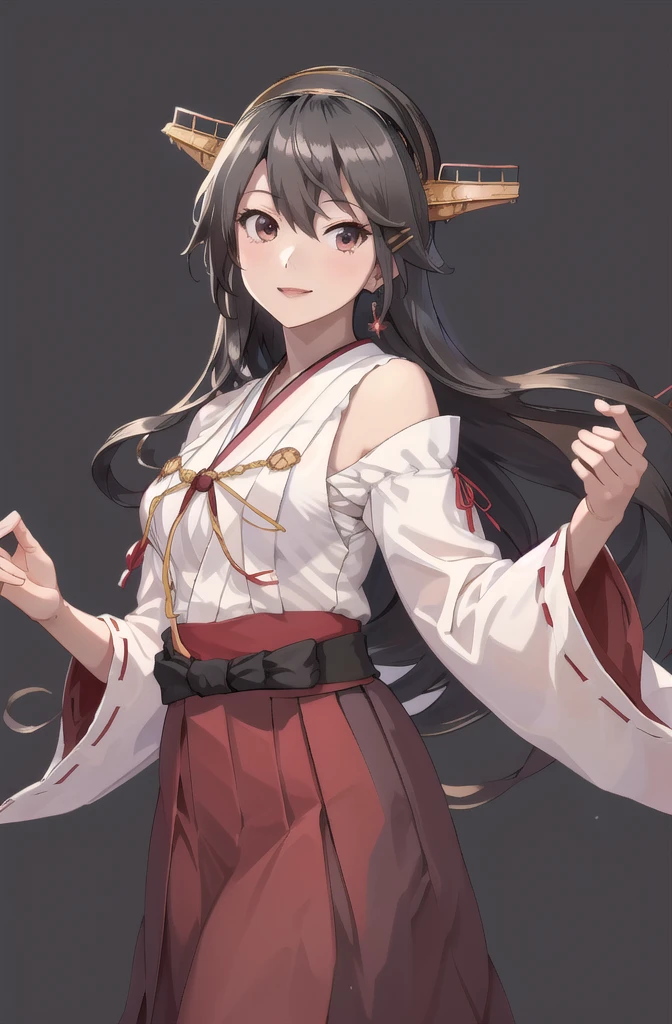 Highest quality, masterpiece, High resolution, 一人in, {Aaron_Kantai Collection:1.15}, black_hair, length_hair, hair_ornament, hairband, brown_eye, hairclip, red面, smile, headgear, chest, Non-traditional_Shrine maiden, hair_between_eye, One Girl, independent_sleeve, Japanese_Clothes, Looking_in_audience, red_skirt, ribbon-trimmed_sleeve, ribbon_trim, skirt, just_shoulder, Simple_background, white_background, Open_mouth, sarashi, wide_sleeve, ((オフィスbackground, リビングbackground))