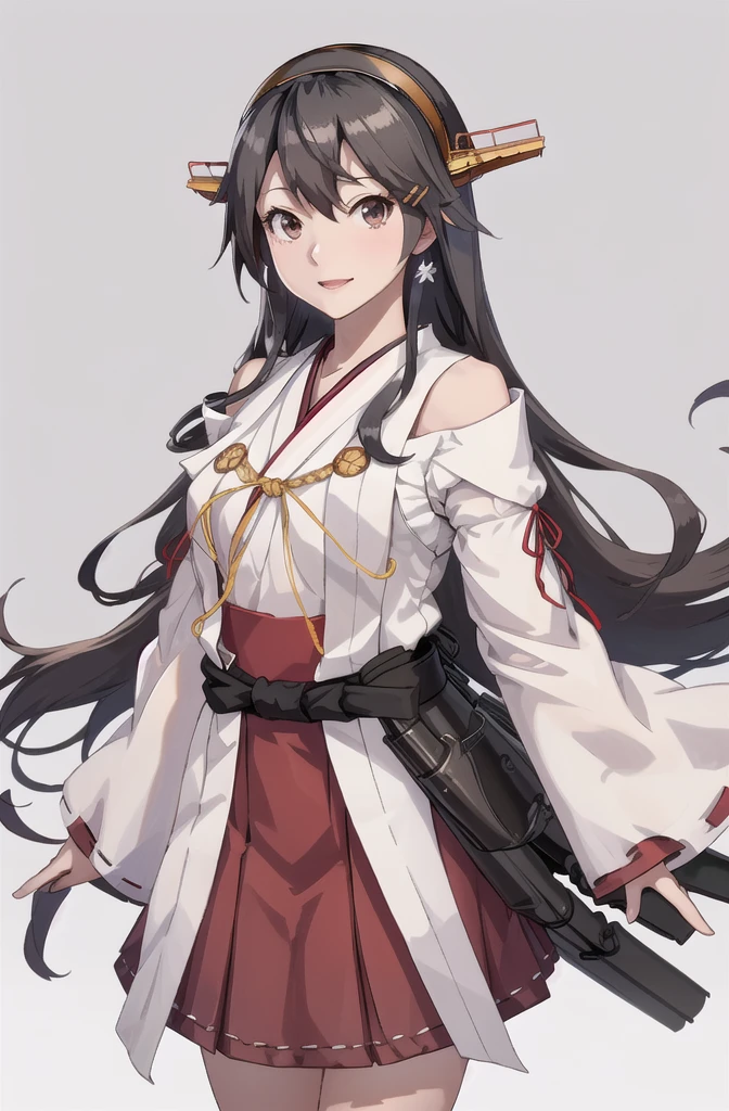 Highest quality, masterpiece, High resolution, 一人in, {Aaron_Kantai Collection:1.15}, black_hair, length_hair, hair_ornament, hairband, brown_eye, hairclip, red面, smile, headgear, chest, Non-traditional_Shrine maiden, hair_between_eye, One Girl, independent_sleeve, Japanese_Clothes, Looking_in_audience, red_skirt, ribbon-trimmed_sleeve, ribbon_trim, skirt, just_shoulder, Simple_background, white_background, Open_mouth, sarashi, wide_sleeve, ((オフィスbackground, リビングbackground))