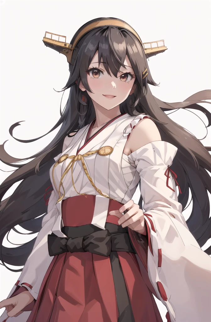 Highest quality, masterpiece, High resolution, 一人in, {Aaron_Kantai Collection:1.15}, black_hair, length_hair, hair_ornament, hairband, brown_eye, hairclip, red面, smile, headgear, chest, Non-traditional_Shrine maiden, hair_between_eye, One Girl, independent_sleeve, Japanese_Clothes, Looking_in_audience, red_skirt, ribbon-trimmed_sleeve, ribbon_trim, skirt, just_shoulder, Simple_background, white_background, Open_mouth, sarashi, wide_sleeve, ((オフィスbackground, リビングbackground))