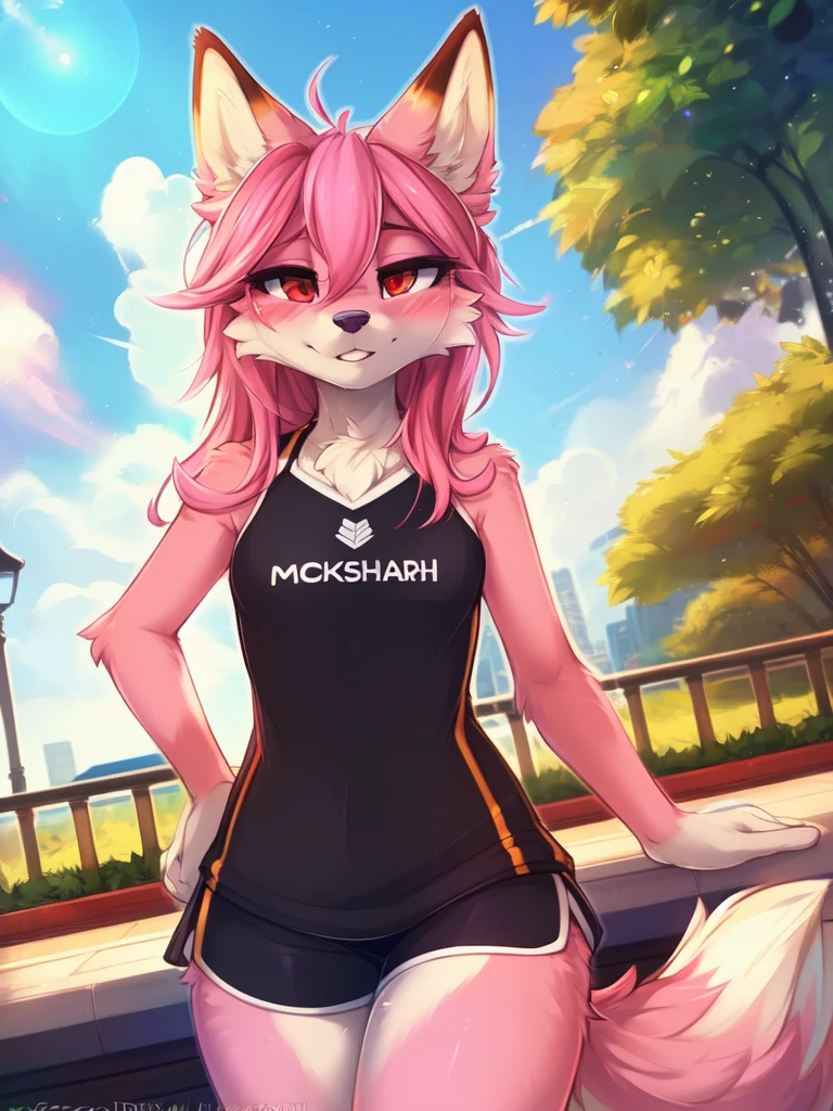 from Kenketa, Ross Tran, Ruan Jia, mumps, Foxovh, от zackary911, от Hyattlen, on a terrace, by Fumiko, от Pixelsketcher, by Bayard Wu, Thomas Benjamin Kennington, from Einshelm, from Kilina, by Coffeesoda, from Hyoshiru, from down-kevlar, от r-mk, by Dimwitdog, fluffy, Nazuna_hiwatasi, antro, Female, One, standing, mocking look, (half-closed eyes), pink hair, pink tail, (sportswear), (Red eyes), I look at the viewer, (Medium breasts, hips), (Fox), sunny day, (public park), (pink body, two-tone fur), (blushing, you're sweating), (hair in a ponytail), (Older), ((thong))