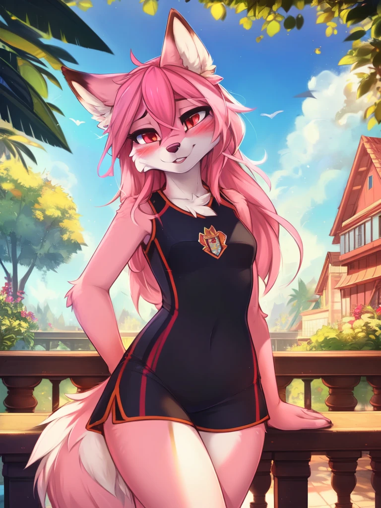 from Kenketa, Ross Tran, Ruan Jia, mumps, Foxovh, от zackary911, от Hyattlen, on a terrace, by Fumiko, от Pixelsketcher, by Bayard Wu, Thomas Benjamin Kennington, from Einshelm, from Kilina, by Coffeesoda, from Hyoshiru, from down-kevlar, от r-mk, by Dimwitdog, fluffy, Nazuna_hiwatasi, antro, Female, One, standing, mocking look, (half-closed eyes), pink hair, pink tail, (sportswear), (Red eyes), I look at the viewer, (Medium breasts, hips), (Fox), sunny day, (public park), (pink body, two-tone fur), (blushing, you're sweating), (hair in a ponytail), (Older), (((sheer thong:1.4))), pussy, sutiã esportivo de time, short esportivo de time ((rosa))