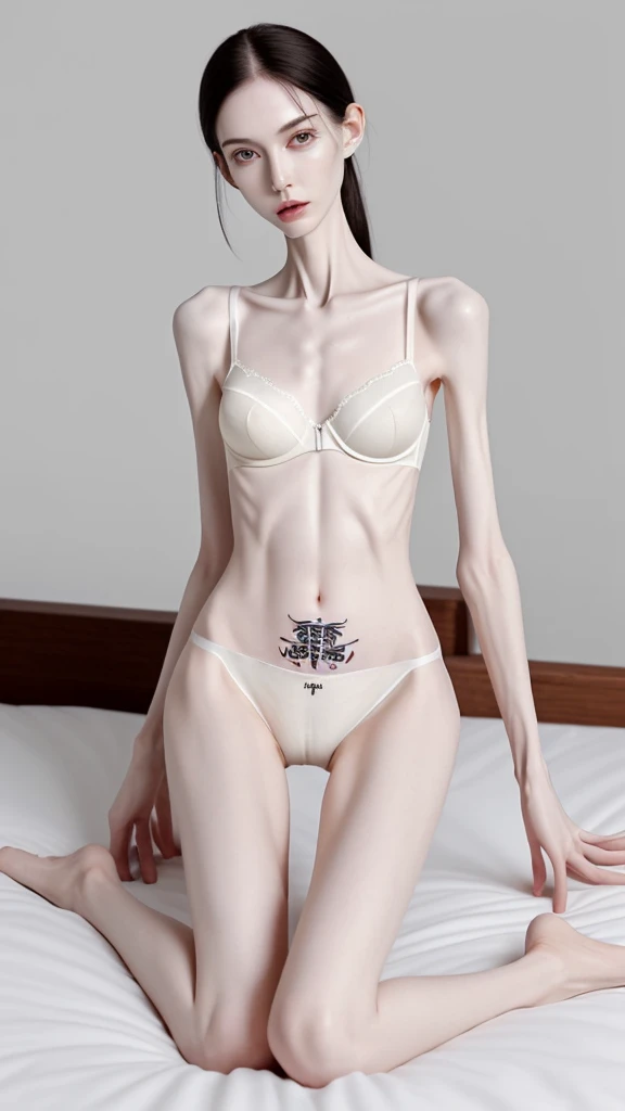 a woman, very thin body, body visible bones, very slender , sweaty weat body, pale white skin, , bra,tatto, full body, sit at a bed