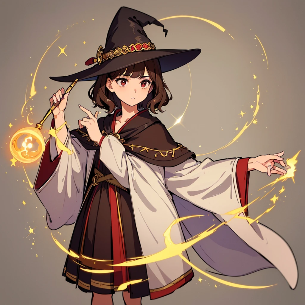 (((Solo)))、Highest quality, Best Quality,Best illustrations、(Brown Hair、Short Perm Hair、Wavy Hair、Short bangs、Align your bangs)、(Witch Hat、Brown simple robe)、(Magic wand)、(The magic of light、Use magic)、(White background)、(Mature 50 Year Old、Adult women、Red eyeshadow)、(Full body character concept、detailed)、(Full body character concept)
