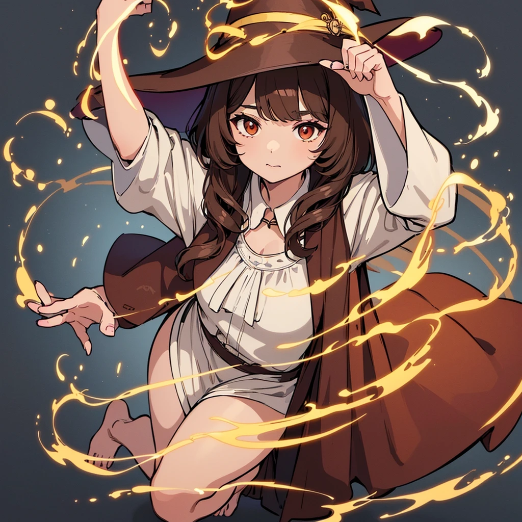 (((Solo)))、Highest quality, Best Quality,Best illustrations、(Brown Hair、Short Perm Hair、Wavy Hair、Short bangs、Align your bangs)、(Witch Hat、Brown simple robe)、(Magic wand)、(The magic of light、Use magic)、(White background)、(Mature 50 Year Old、Adult women、Red eyeshadow)、(Full body character concept、detailed)、(Full body character concept)