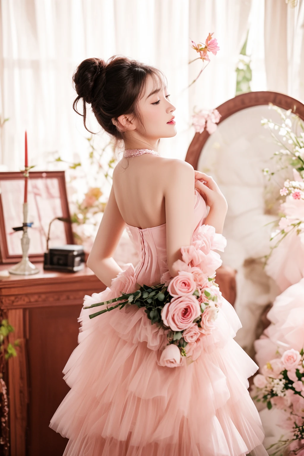 there is a woman in a pink dress holding a bouquet of flowers, pink romantic tutu, wearing pink romantic tutu, wearing a pink romantic tutu, with soft pink colors, pink tutu, cute and lovely, lovely and cute, wearing a pink ballroom gown, pink pastel, sha xi, ethereal fairytale, wearing a pink tutu, cute elegant pose, dreamy style, pastel pink