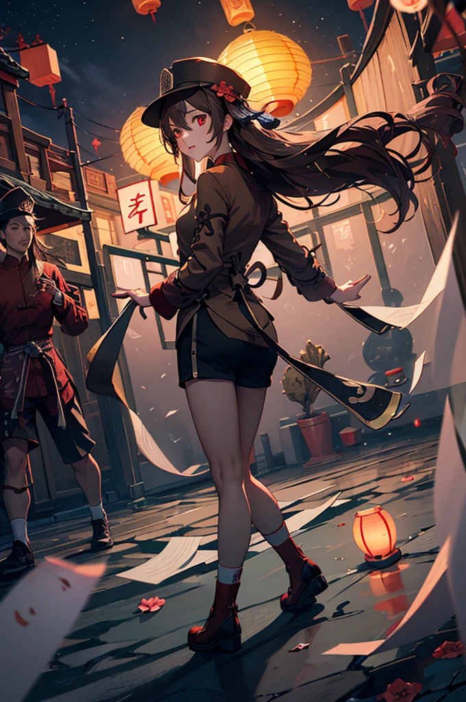 1 girl solo, brown jacket, long brown hair, red eyes, brown hat with red flowers, walking in a small medieval chinese town, old chinese buildings, chinese temple, ((at night, lots of paper lanterns glowing))