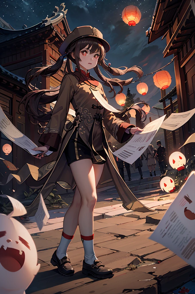 1 girl solo, brown jacket, long brown hair, red eyes, brown hat with red flowers, walking in a small medieval chinese town, old chinese buildings, chinese temple, ((at night, lots of paper lanterns glowing))