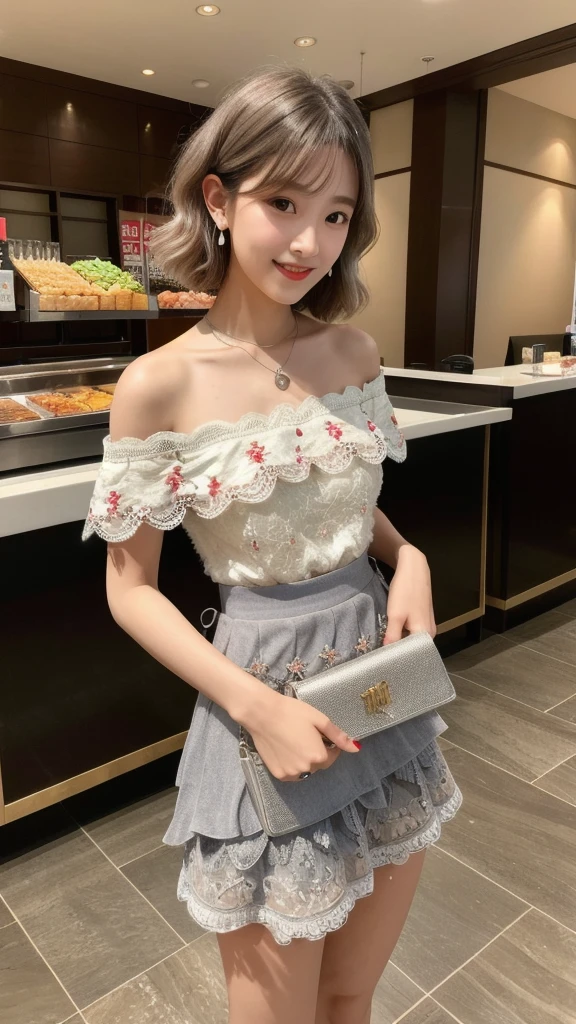 (8K, Photorealistic, Raw photo, Highest quality: 1.4),Japanese idol-style beautiful girl,1 person,18-year-old,(Short Bob),(Silver Hair :1.2),(Natural Waves),She has her hair tucked behind her ears,Clear grey eyes,Long eyelashes,(piercings(small)),(Lip gloss(red)),lips(Plump,glossy),thin long neck,necklace,ring,thin abdomen,(Off-the-shoulder dress((Lace embroidery),(Layered),(fluffy skirt))),High heels,Small pouch,Large hotel party hall,Stand-up buffet,A large number of people(Woman in a dress)Background of the gathering,Smiling at the camera,Full body portrait