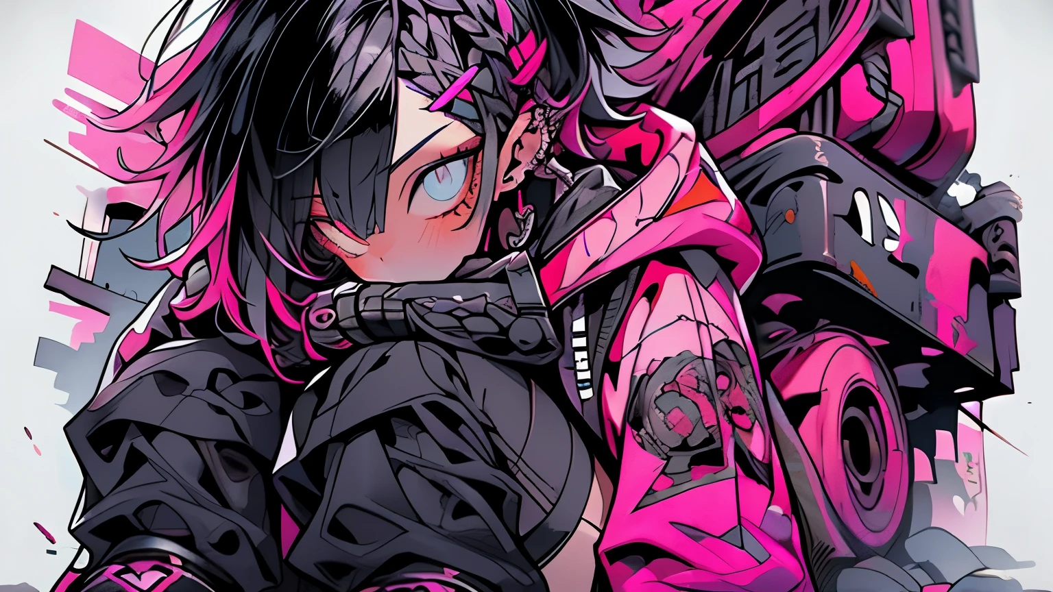 Step Piece, Best Quality, Best Illustration, Ultra-detailed,girl, pinkrose long hair, crazy baddie girl, Cool Black Open Short Jacket, neck tattoo, Messy Fade Cut Hair, Side braided hair,Crazy, standing with an eerie feeling, abandond street graffiti wall background,knee high socks, quirky sneakers, Eyeshadow on the eyes,unusual colored eyes, Eyes of fear, Vivid eyes, cool shot