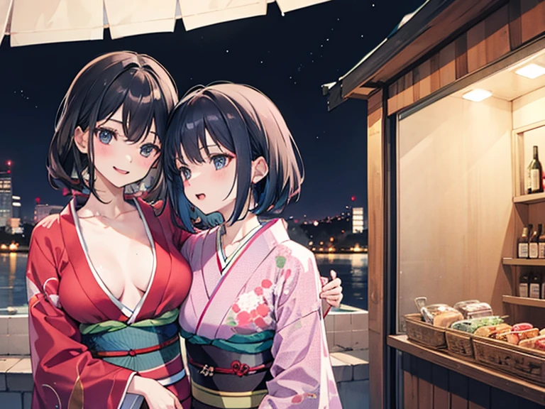 Two women hugging,kimono,stall,Unbuttoned,I'm drunk,Midnight,Adult atmosphere,Change of clothes