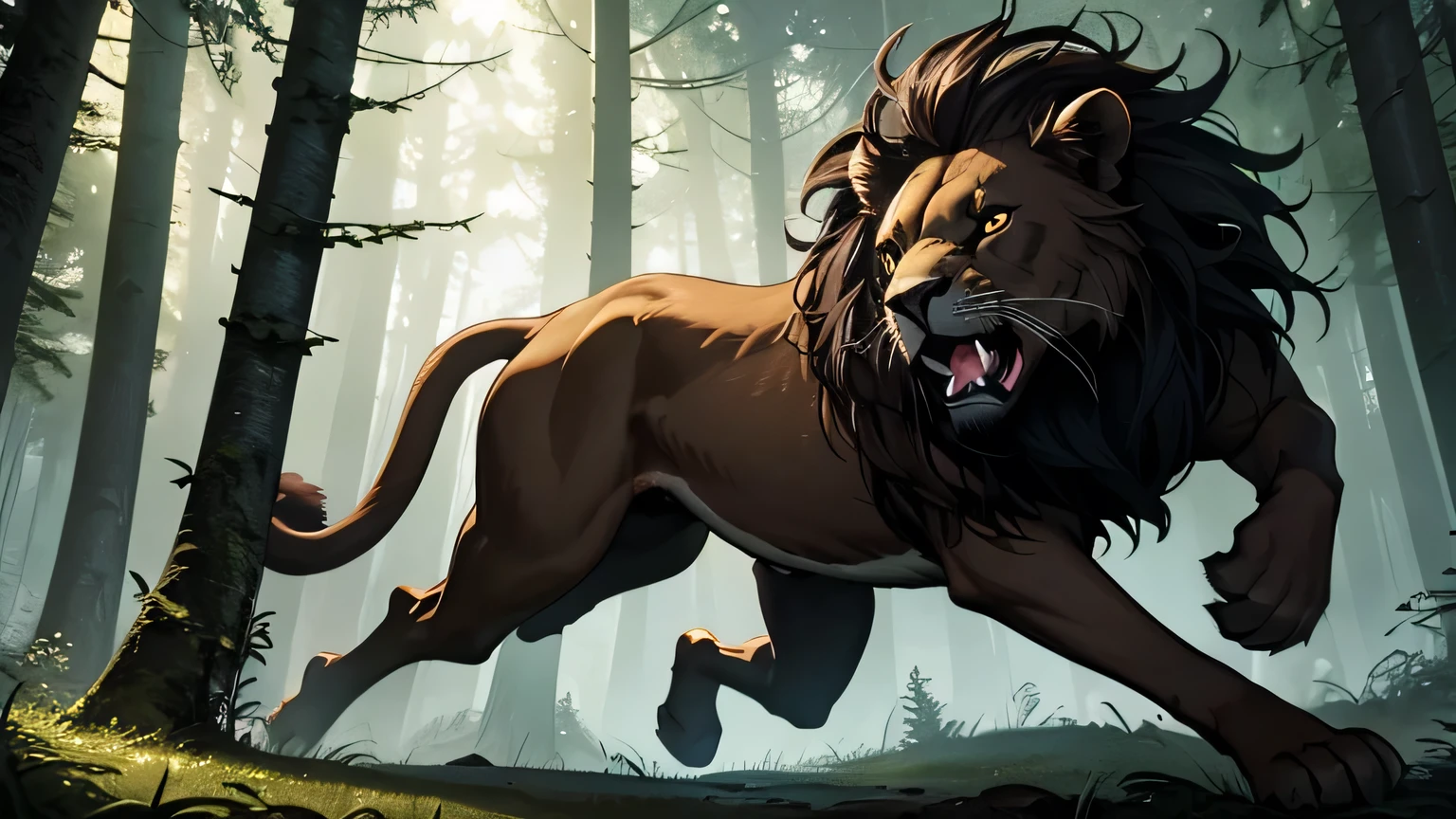 dark brown lion jumping with open jaws to attack violently in a dark and mysterious forest at night, movement scene in the forest, changing lighting, hyper-realistic lighting, cinematic,