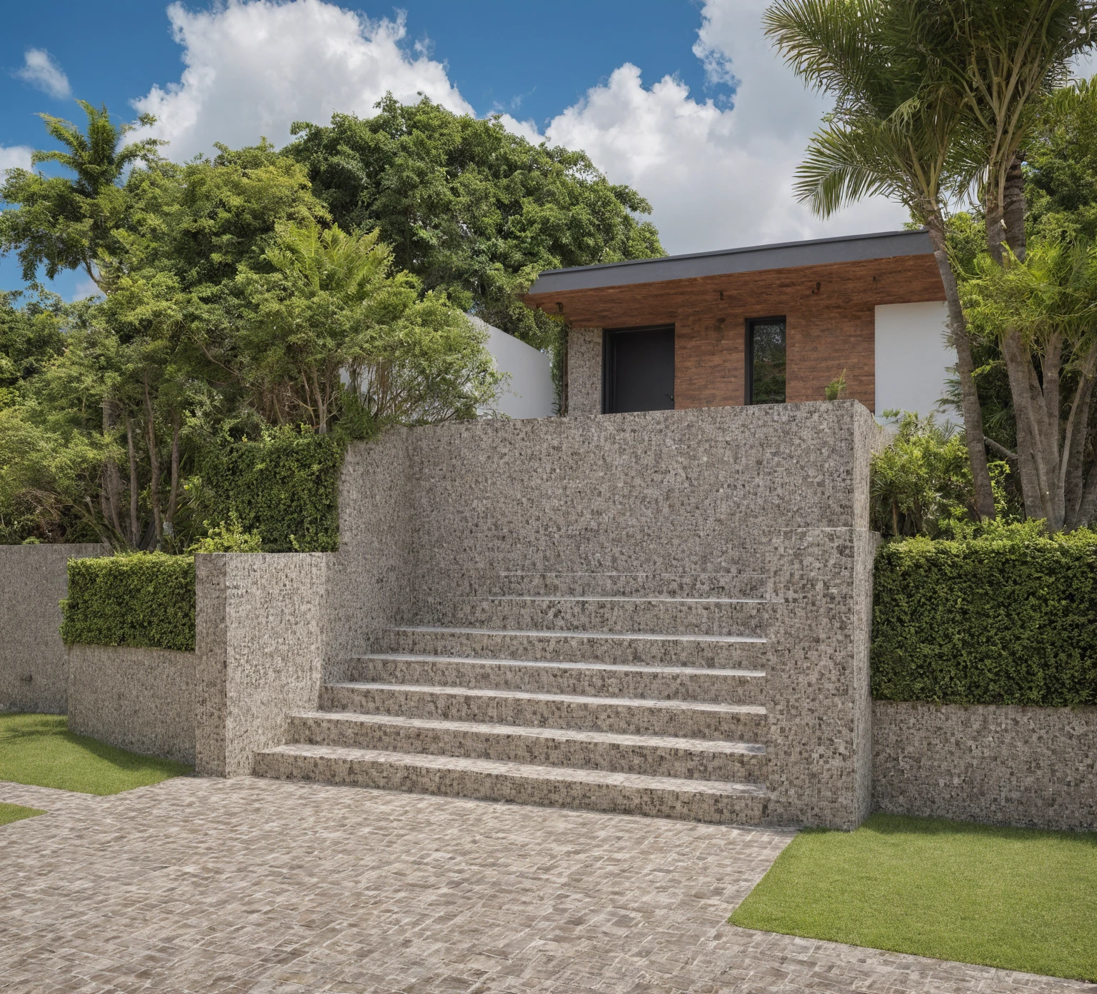 Masterpiece, high quality, best quality, authentic, super detail, outdoors, onestoreyvillaXL, aiai, aiaigroup, wall roof tile, house style tropical modern on the street ,stairs, ,road,pavement, grass, trees, sky, cloud, (daylight:1.1)