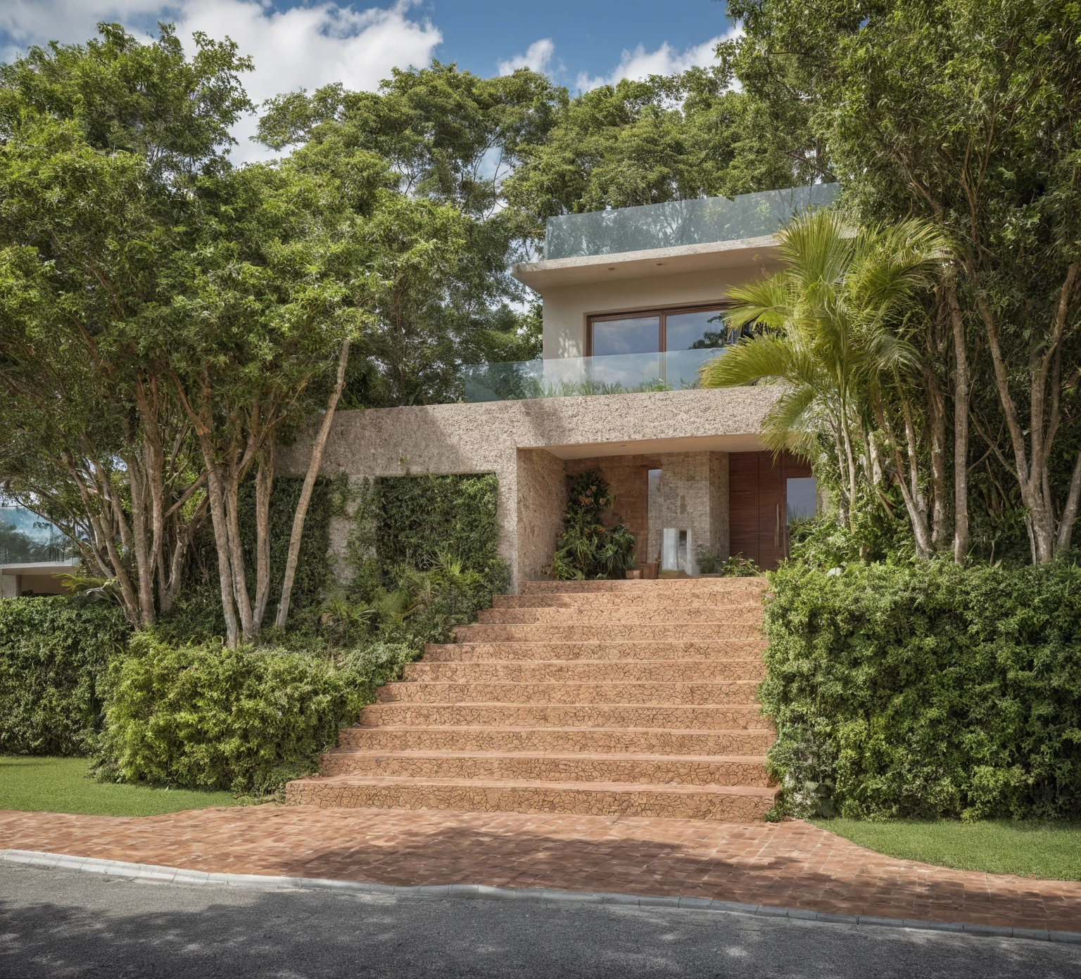 Masterpiece, high quality, best quality, authentic, super detail, outdoors, onestoreyvillaXL, aiai, aiaigroup, wall roof tile, house style tropical modern on the street ,stairs, ,road,pavement, grass, trees, sky, cloud, (daylight:1.1)