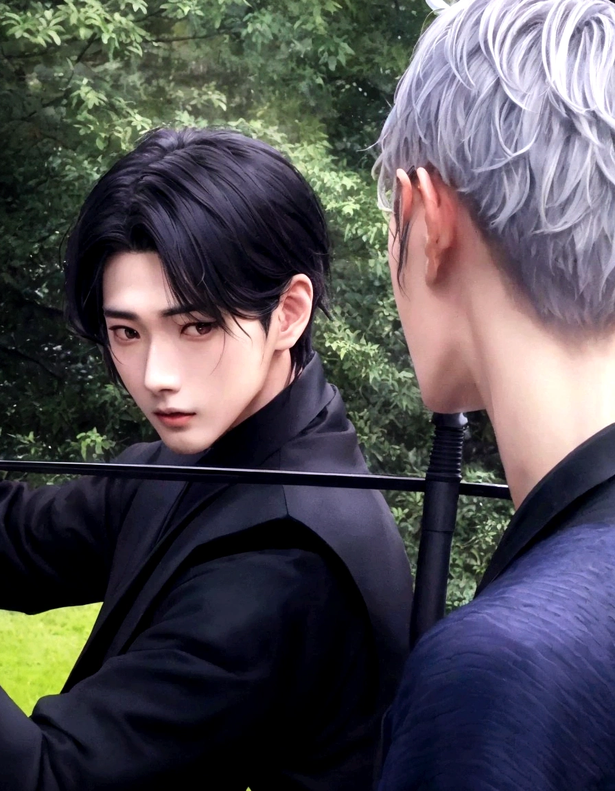 there are two men who are standing on the grass with a sword, cai xukun, still from a live action film, supper from live action movie, Japanese live action film, photoshoot, supper!!, beautiful japanese boy, he has dark gray hair, Live-action adaptation, miko, on set
