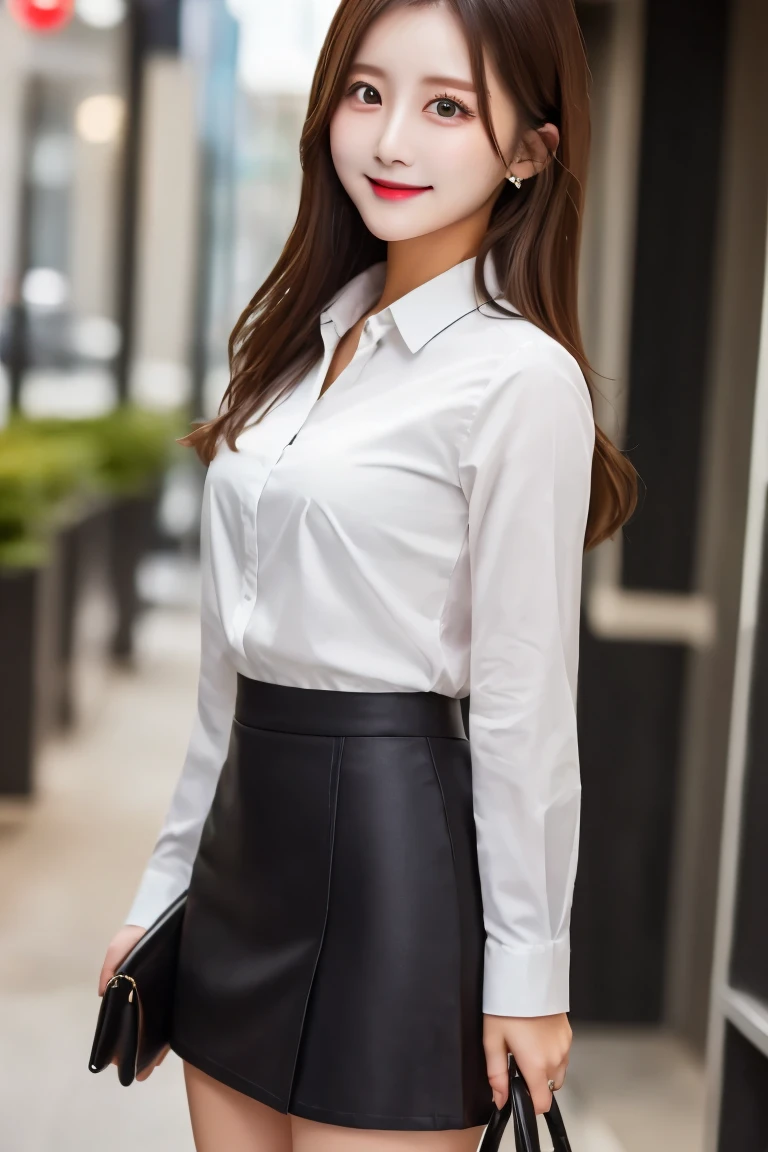 Highest quality, (beautiful)、Business shirts、Black Mini Tight Skirt