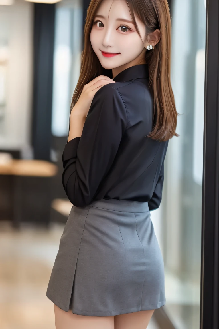 Highest quality, (beautiful)、Business shirts、Black Mini Tight Skirt