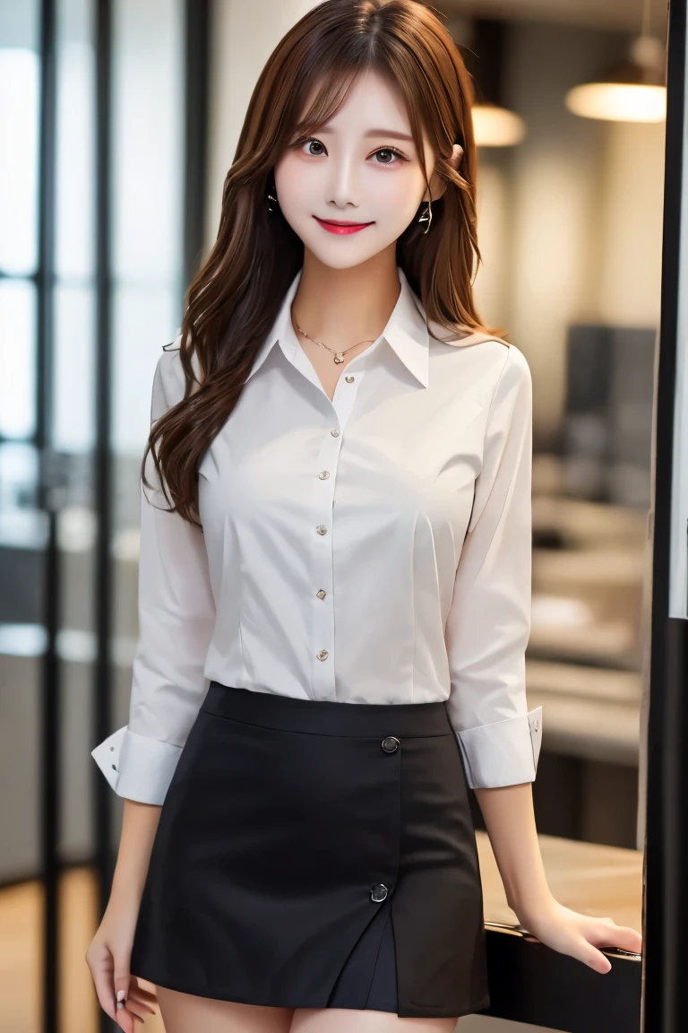 Highest quality, (beautiful)、Business shirts、Black Mini Tight Skirt