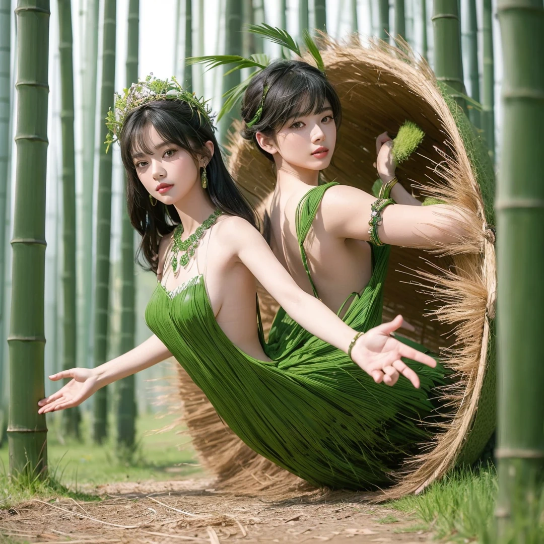 Handsome boy and beautiful girl, black hair, brown eyes, wearing green grass crown wearing green grass loin cloth, green bamboo