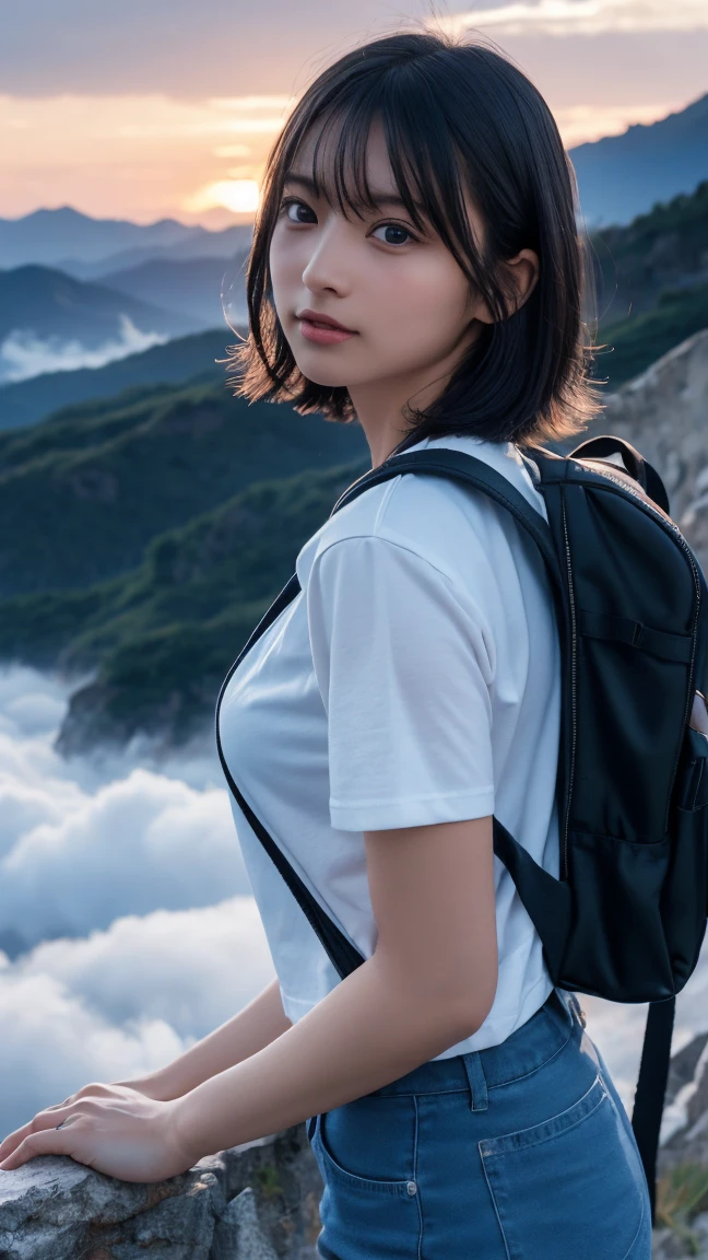 Highest quality, masterpiece, Ultra-high resolution, (Realistic:1.3), RAW Photos, (Nature landscape photography), (Majestic Mountain々The summit of the, sea of clouds), (On top of a very large mountain), (sunset), (One Girl), (Upper Body), (20-year-old), (smile:0.9), (Shiny skin), (short hair, Dark brown hair), (White T-shirt), (Casual shorts), (Carry a large backpack on your back), (Ultra detailed face), (Super beautiful poop), (Highly detailed eyes), (Highly detailed nose), (Highly detailed mouth), (Very skilled hands), (Super-detailed body), Sony a7, 85mm lens, f9.0, Pan Focus