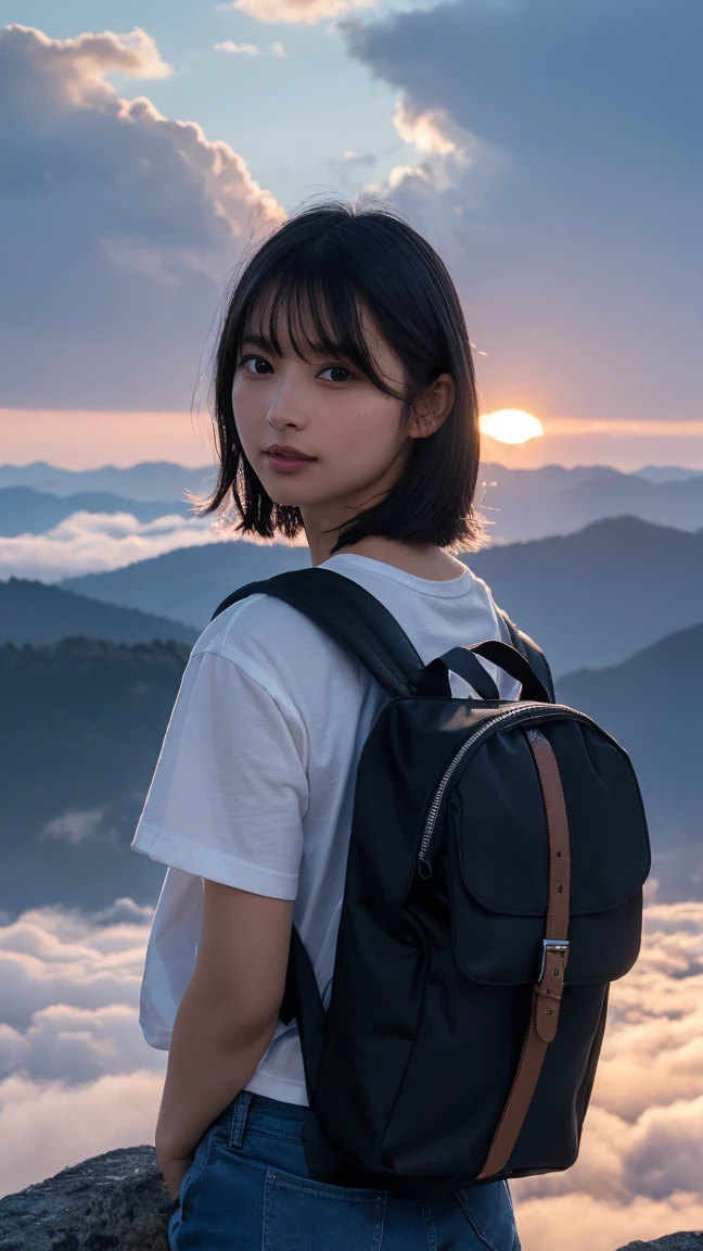 Highest quality, masterpiece, Ultra-high resolution, (Realistic:1.3), RAW Photos, (Nature landscape photography), (Majestic Mountain々The summit of the, sea of clouds), (On top of a very large mountain), (sunset), (One Girl), (Upper Body), (20-year-old), (smile:0.9), (Shiny skin), (short hair, Dark brown hair), (White T-shirt), (Casual shorts), (Carry a large backpack on your back), (Ultra detailed face), (Super beautiful poop), (Highly detailed eyes), (Highly detailed nose), (Highly detailed mouth), (Very skilled hands), (Super-detailed body), Sony a7, 85mm lens, f9.0, Pan Focus
