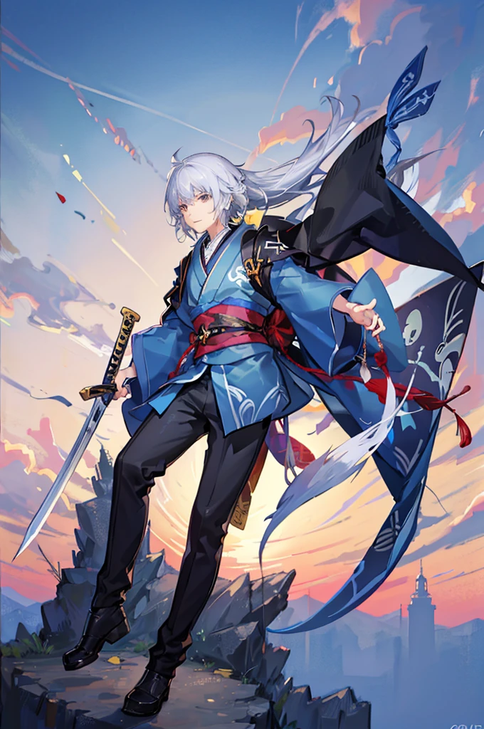 Background: Sunny sky. Jumping into the sky. Silver hair. Blue kimono. Black sword. Boy about 7 .