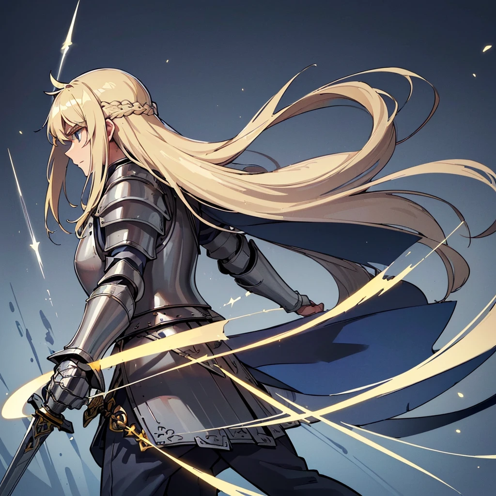 ((((Solo))))、Highest quality, Best Quality, Best illustrations, (((Grey Armor)))、(((Blond long hair man、Long-haired man、male、24-years-old、Cool guy)))、(Medieval Knight)、(Navy blue trousers)、(get annoyed)、Glowing blue aura、(Holy Sword、Grab the shining sword、Ready your sword)、Movement angle、(From the side、profile)