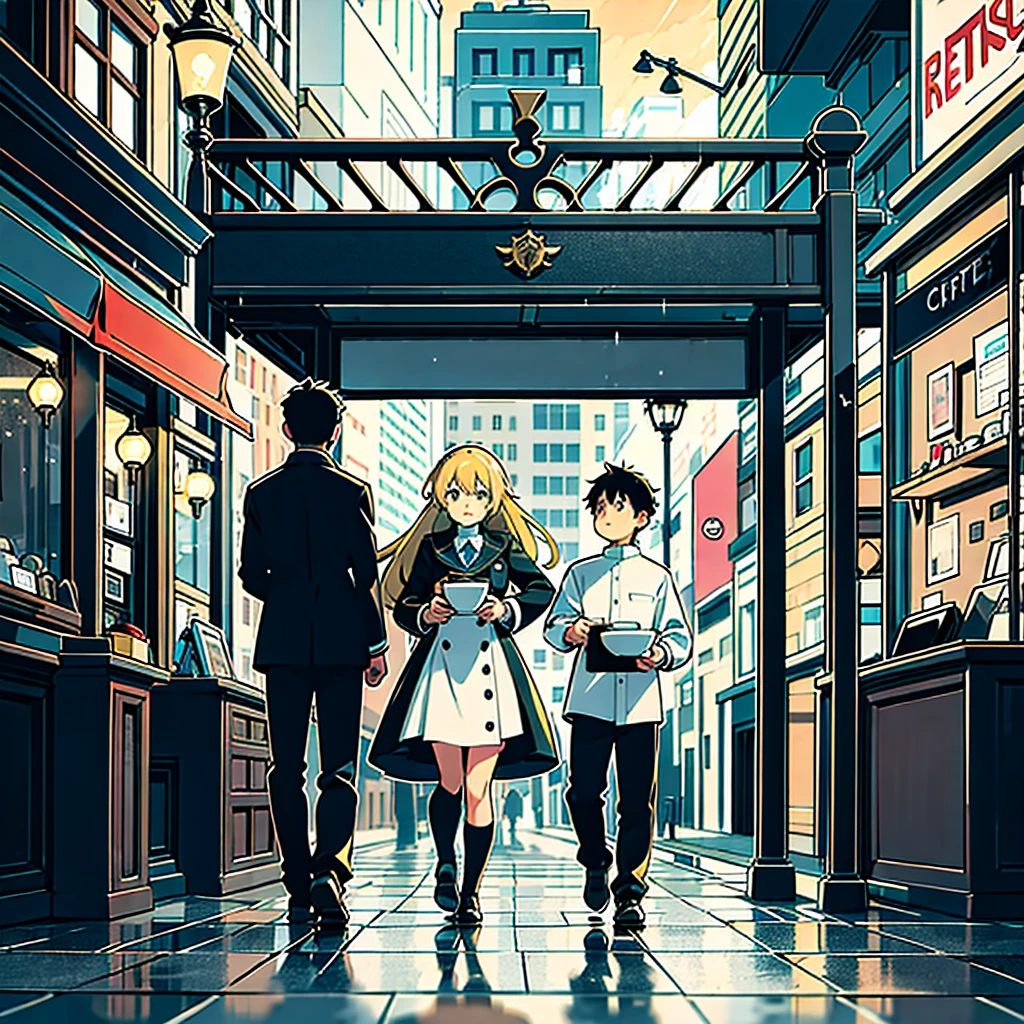Photo of a café, wet street, buildings, busy street, cicle, junk, nostalgia, ultra quality, hyper detailled, and a girl holding a boy, Rain and thunder
