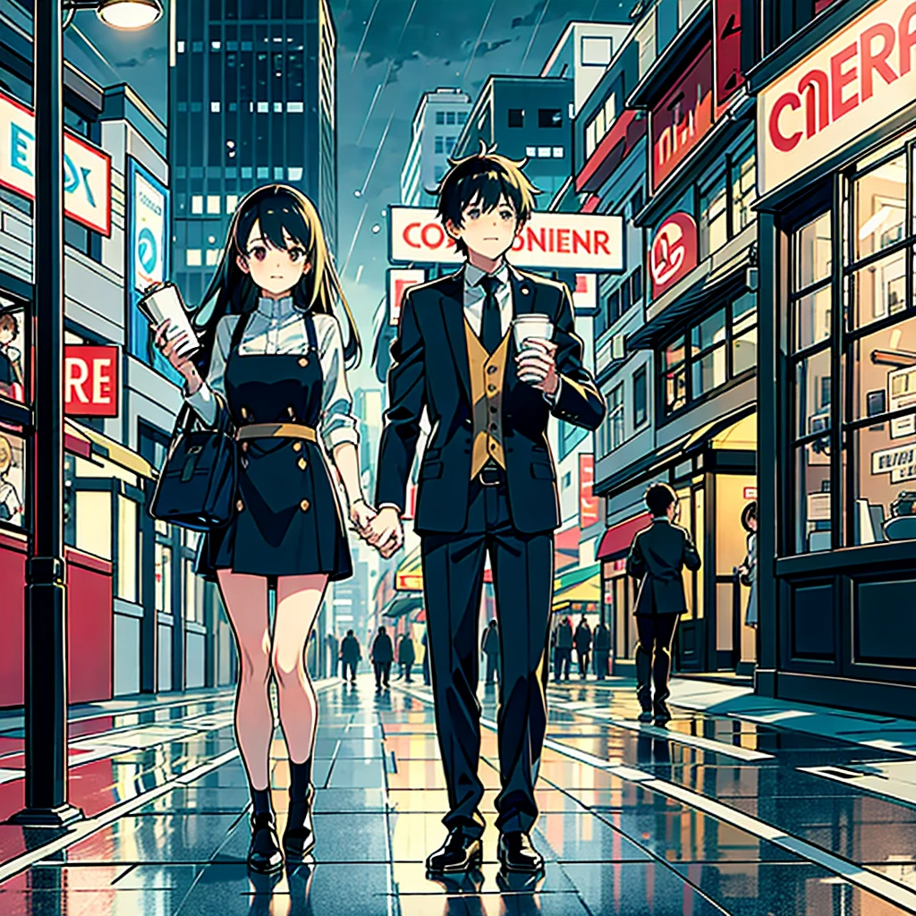 Photo of a café, wet street, buildings, busy street, cicle, junk, nostalgia, ultra quality, hyper detailled, and a girl holding a boy, Rain and thunder