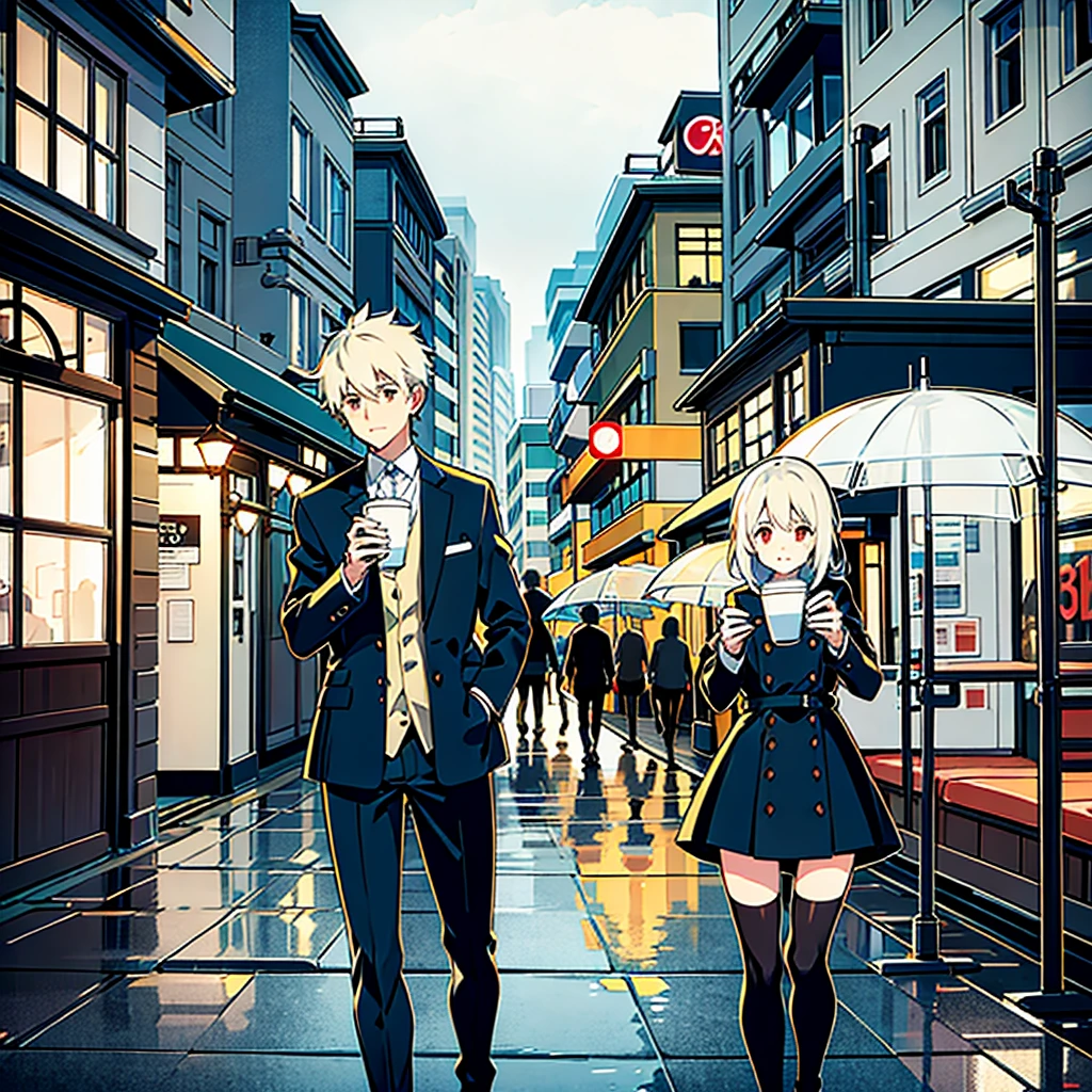 Photo of a café, wet street, buildings, busy street, cicle, junk, nostalgia, ultra quality, hyper detailled, and a girl holding a boy, Rain and thunder
