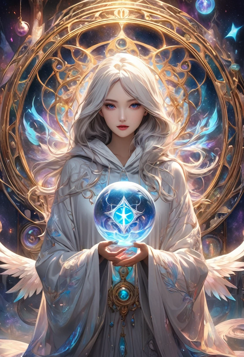 
               ((Correct and perfect anatomy) ) ((手指Correct and perfect anatomy) )The runes in the mysterious rune magic circle exude a mysterious light，Fascinating and curious. 

                  A beautiful astrologer with long and flowing white hair. A beautiful astrologer wearing a white luminous hoodie holding a luminous crystal ball.(There is a star-shaped totem inside the crystal ball)Close-up of man standing in magic circle casting spell. ethereal,

                     Intricate Fantasy Art Vibrant Surrealism, magic energy, High dynamic range, Dark magic swirl pattern, 

                       Mystical Art of Illusion, Extremely detailed dream scenes, Immerse yourself in a magical world, Super detailed art、Delicate and beautiful、

                              masterpiece、Premium content is very detailed、Dynamic angles and elegant atmosphere Perfect composition Intricate details Meticulous digital art