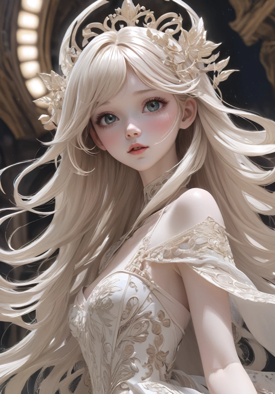 highres,best quality,natural, anime delicate detailed concept art, young girl with [waving long hair] white skin, with dress ornate intricate, (bjd-like beauty face), (Ulzzang Makeup), wide angle, craig mullins, yoji shinkawa, art germ, pete morbacher, david lynch, hyper detailed, high detail, artstation