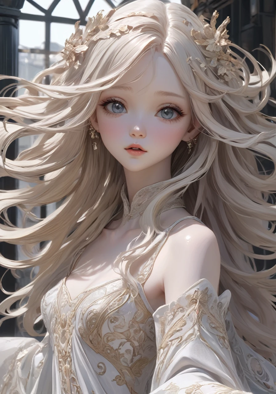 highres,best quality,natural, anime delicate detailed concept art, young girl with [waving long hair] white skin, with dress ornate intricate, (bjd-like beauty face), (Ulzzang Makeup), wide angle, craig mullins, yoji shinkawa, art germ, pete morbacher, david lynch, hyper detailed, high detail, artstation