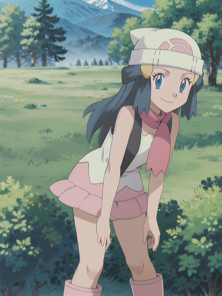 masterpiece, best quality, 1girl, dawn \(pokemon\), beanie, long hair, blue hair, blue eyes, black sleeveless shirt, pink scarf, pink skirt, pink boots, smile, looking at viewer, forest background