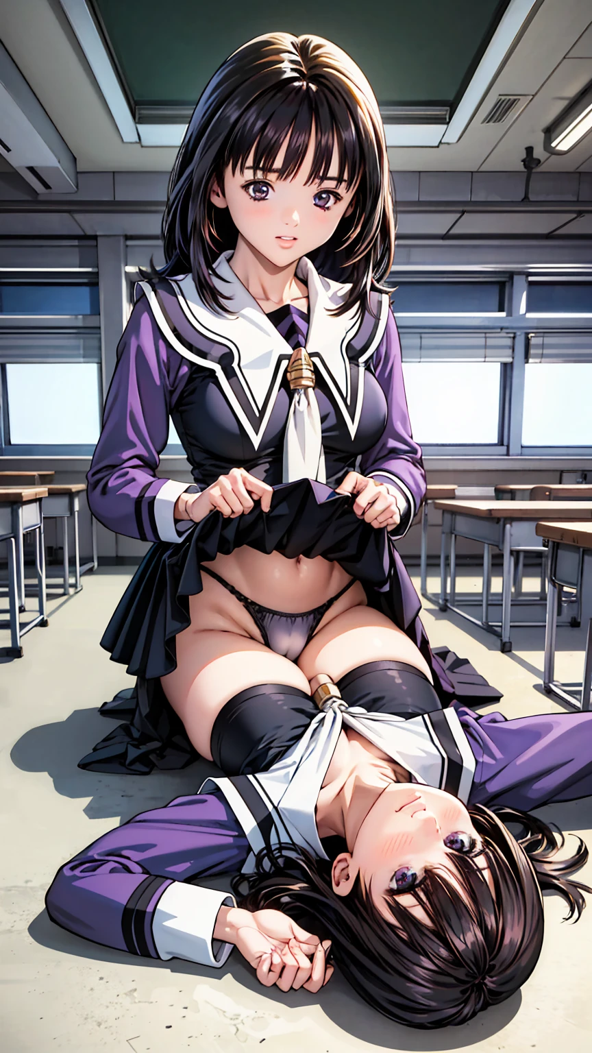(high resolution),(high resolution),(High definition),(8K), 1girl, yoshizuki_iori、School_uniform_Purple_shirt_Blue_skirt_White_neckerchief_Black_thighhighs、In the high school classroom, lying floor, spread legs, shirts lift, show breasts,