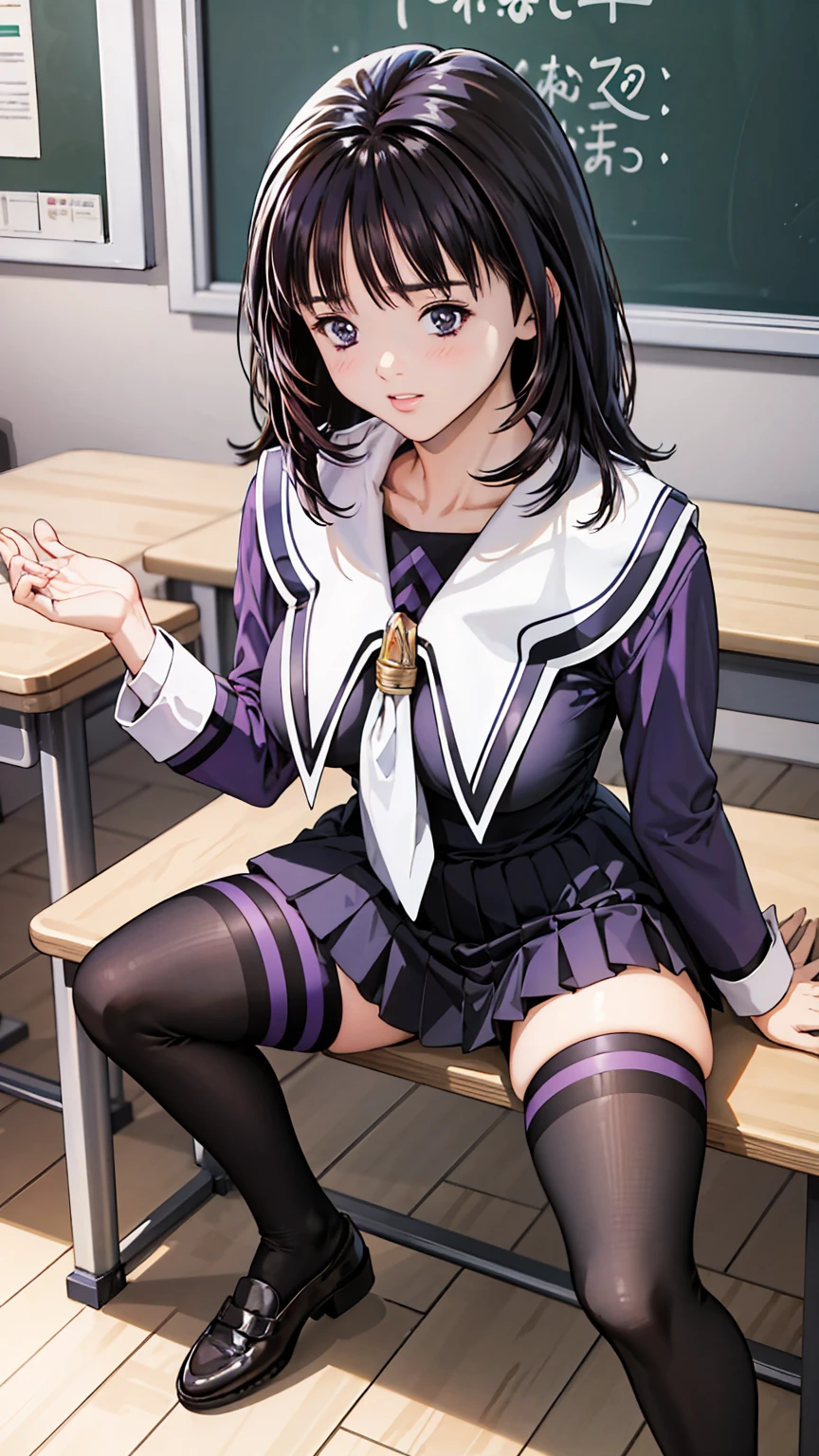 (high resolution),(high resolution),(High definition),(8K), 1girl, yoshizuki_iori、School_uniform_Purple_shirt_Blue_skirt_White_neckerchief_Black_thighhighs、In the high school classroom, lying floor, spread legs, shirts lift, show breasts,